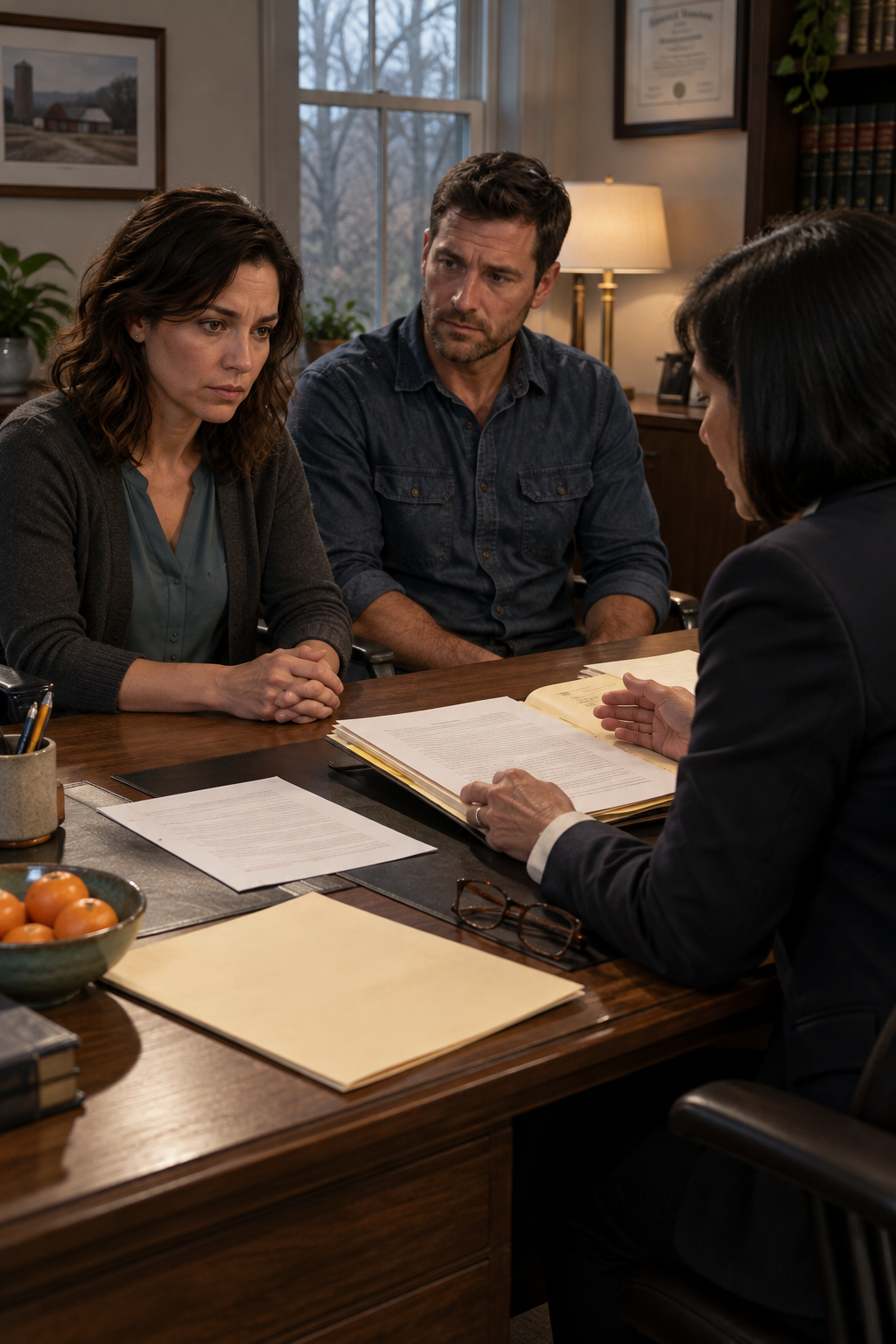 Mara and Owen listen as Celia examines a yellow-tabbed folder in her office.