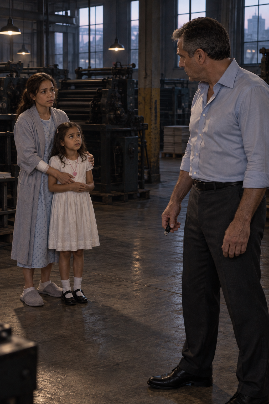 A jacketless man holding a small flash drive faces a mother and child between large inactive printing presses.